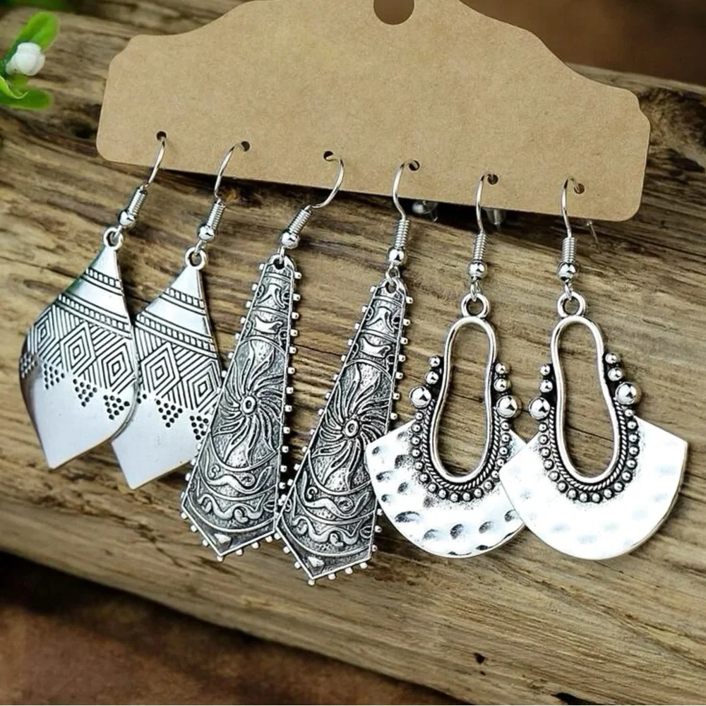 Any 4/$25! Set of 3 Oxidized Silver Boho Drop Earrings - Picture 2 of 5